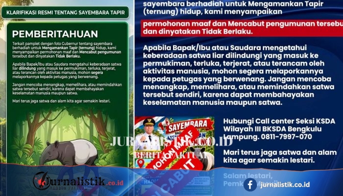 Mesuji Batalkan Hadiah Rp 50 Juta bagi Penyelamatan Tapirus indicus Hidup; BBKSDA Bengkulu-Lampung Cemas Memicu Perburuan