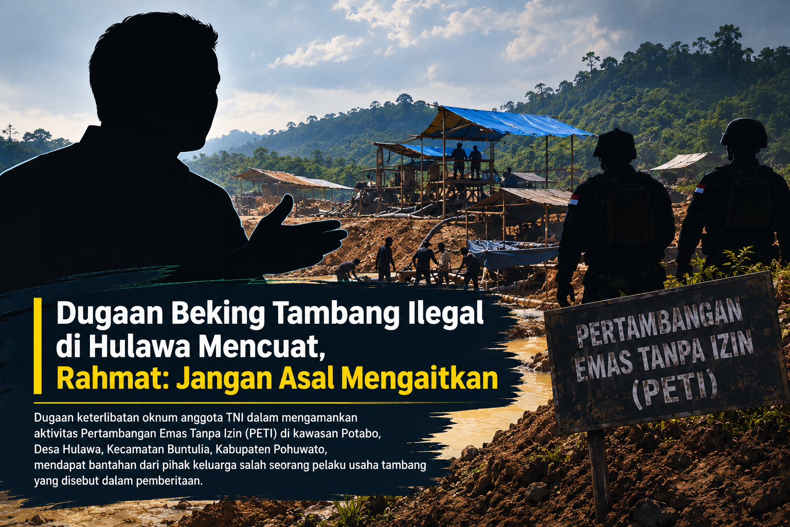 Rahmat Mohamad membantah dugaan pembekingan oleh oknum anggota TNI terkait PETI Potabo, Hulawa, Pohuwato, dan meminta informasi dibuktikan.