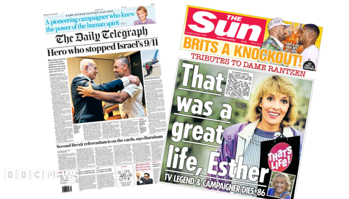 Sorotan koran: ‘Israel’s 9/11 stopped’ dan ‘That was a great life’—dari upaya mencegah pembajakan hingga duka Esther Rantzen